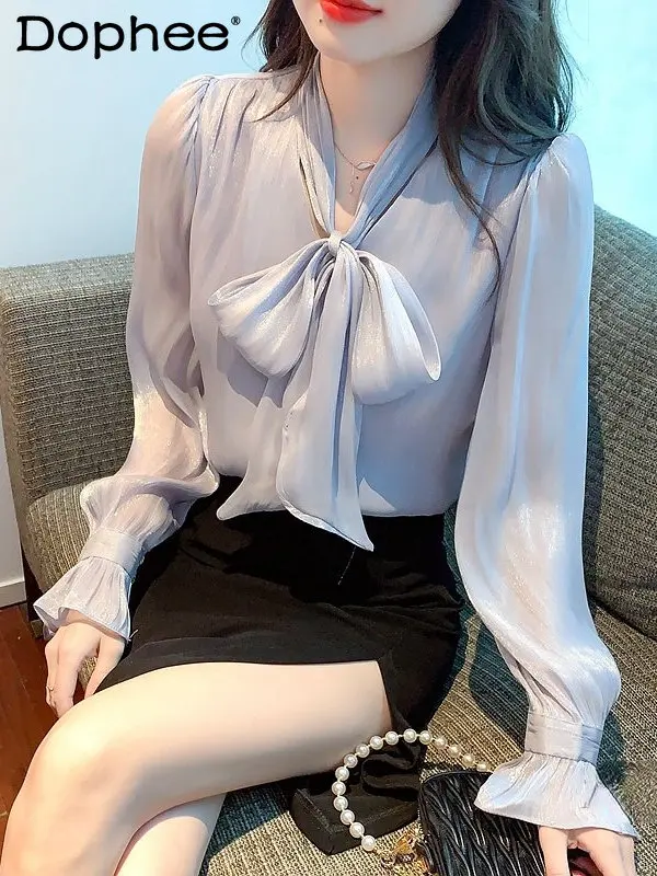 

Осенняя женская блузка с бантом и V-образным вырезом, новинка, скрывающая живот рубашка супер феи, элегантный топ с длинным рукавом, Женский Свободный Топ