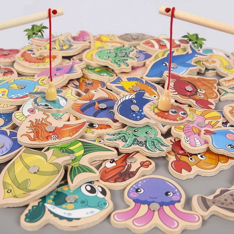 

Montessori Wooden Magnetic Fishing Toys for Kids Cartoon Marine Life Cognition Fish Games Education Parent-Child Interactive Toy