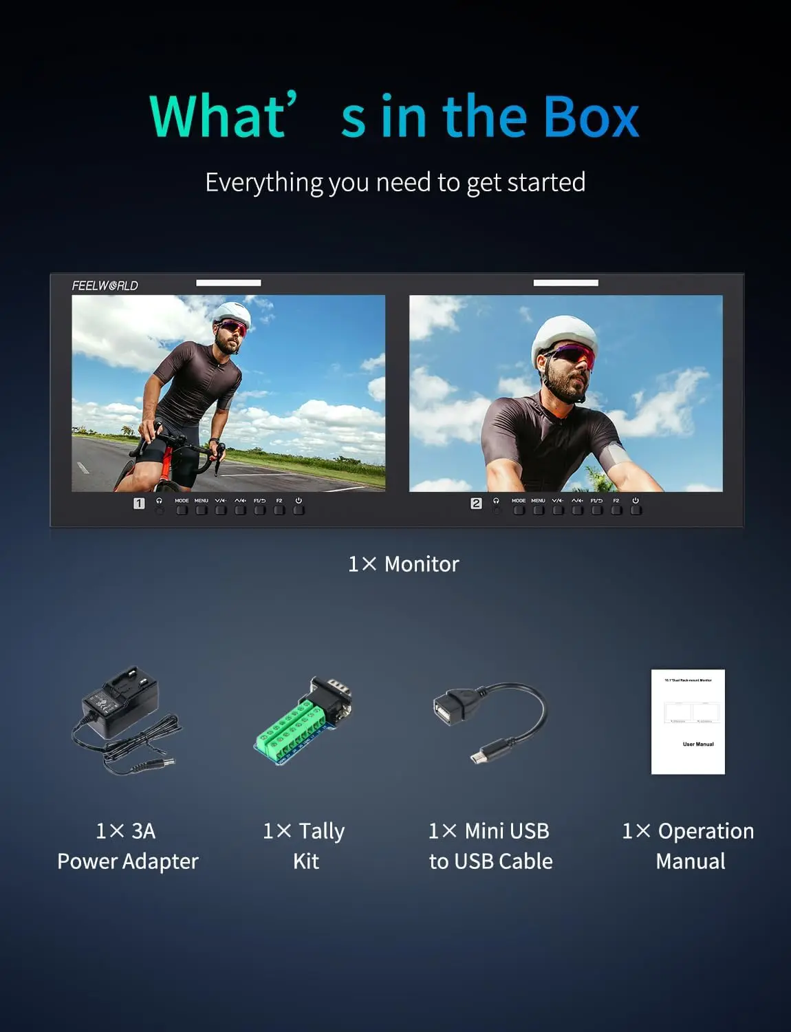 Фото FEELWORLD D101 PLUS Двойной 10.1-дюймовый монитор для установки в стойку 4RU, 4K HDMI SDI, 1920x1200 IPS, гибкое питание с низким энергопотреблением. №5