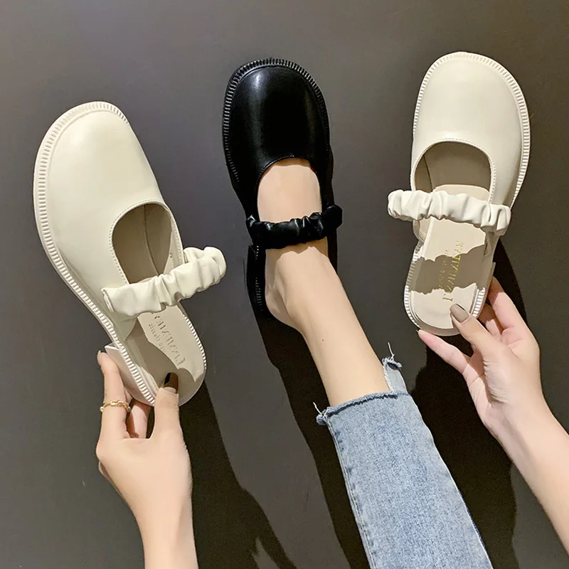 

Cover Toe Mules For Women 2022 Shoes Slippers Soft Loafers Pantofle Med Square heel Slides Comfort New Block PU Rome Hoof Heels