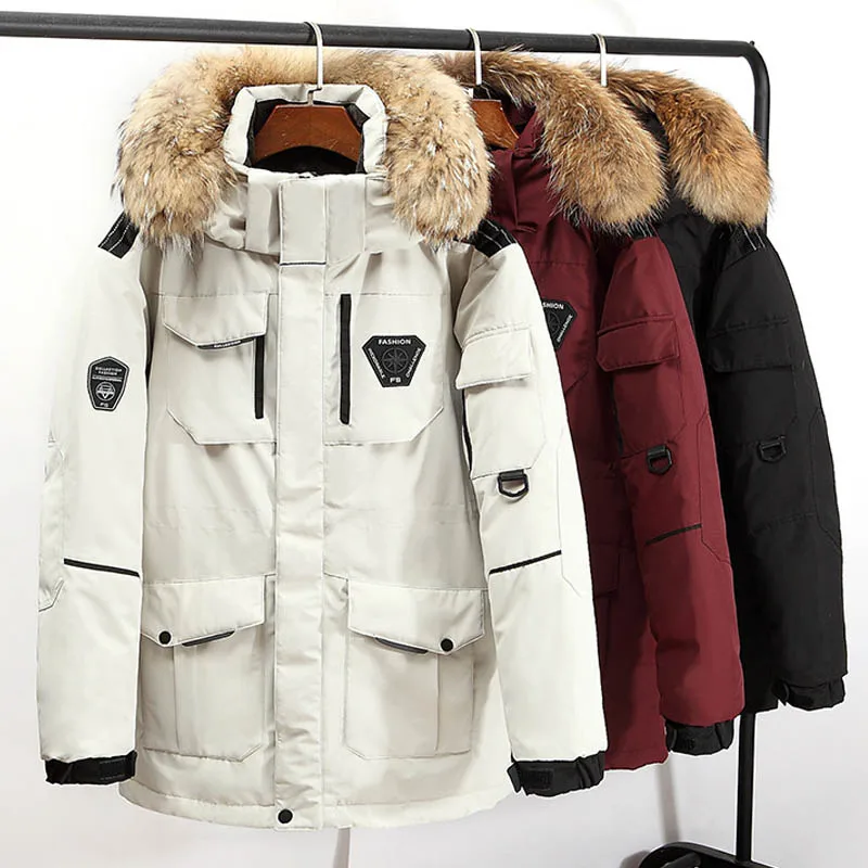 -30 Degree Winter Down Jacket Men 90% White Duck Down Parkas Coat Mid-length Large Fur Collar Male Thicken Coat Snow Overcoat