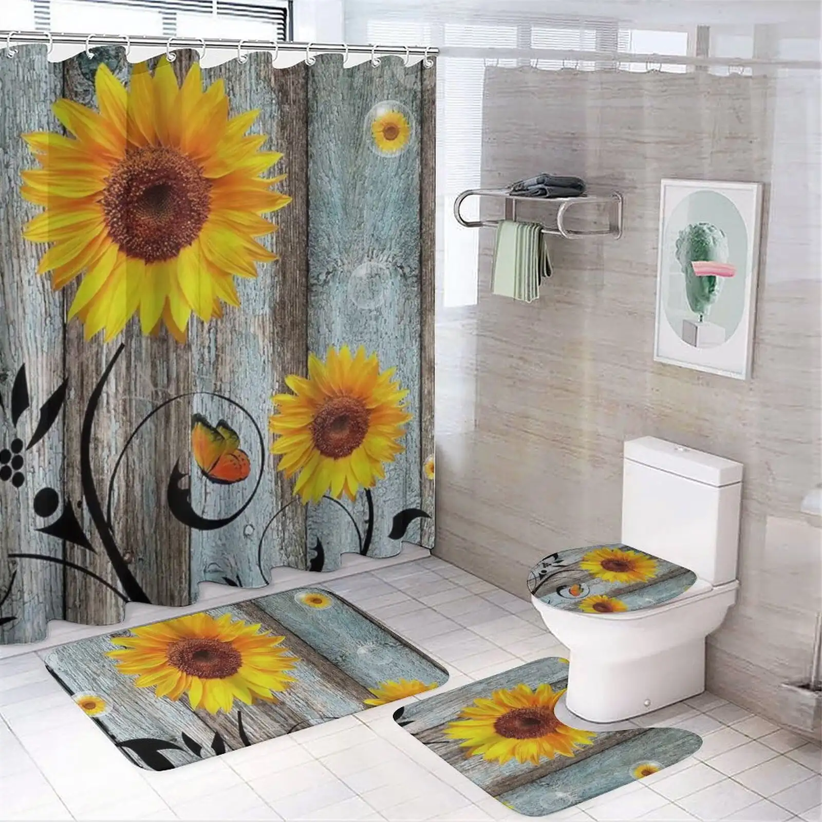 

4PCS Sunflower Shower Curtain Set Bathroom Sets with Rugs and Accessories Non-Slip Rugs,Toilet Lid Cover and Bath Mat