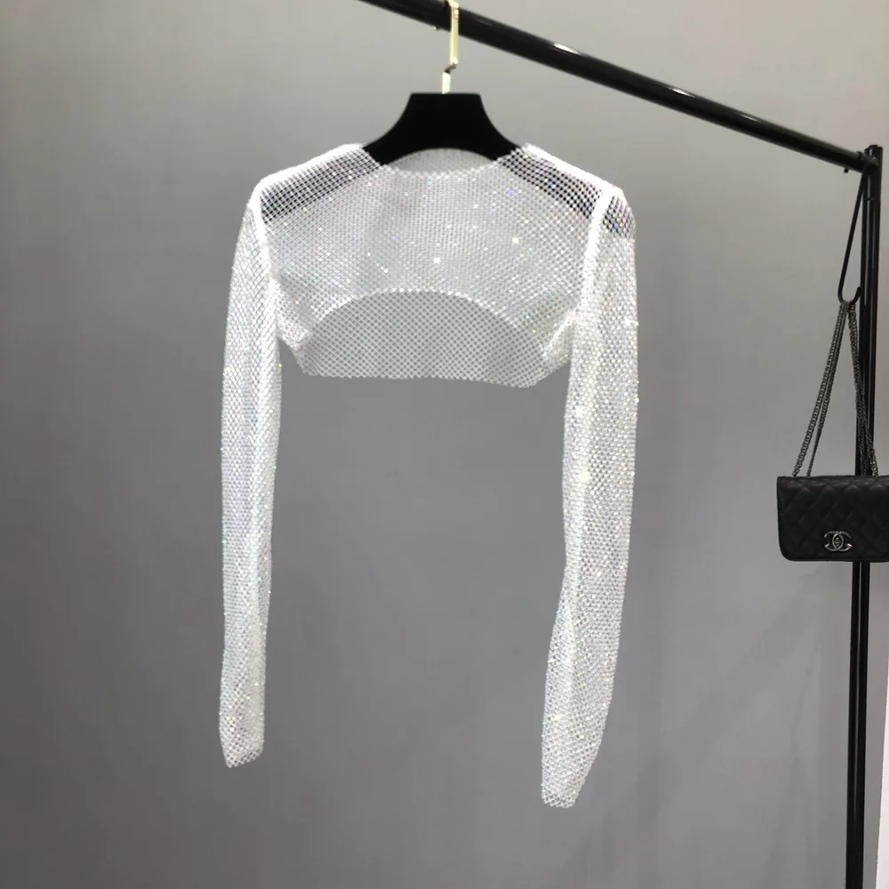 

Fashion AB Color Rhinestone French Small Cape Mesh Rhinestone Sunscreen Shawl Summer Thin Suspender White Vest