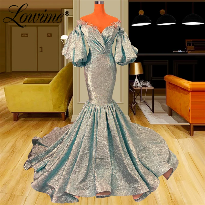 

Lowime Puffy Sleeves Mermaid Prom Dresses Sweetheart Crystals Arabic Celebrity Dress Long Party Gowns For Weddings 2023 Robes