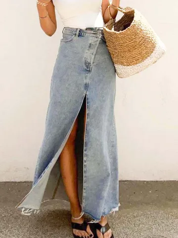 Irregular Denim Skirt Women Spring Pocket Tassel High Waist Simple Blue Slit Faldas Bottom Female Vintage Elegant Maxi Skirts