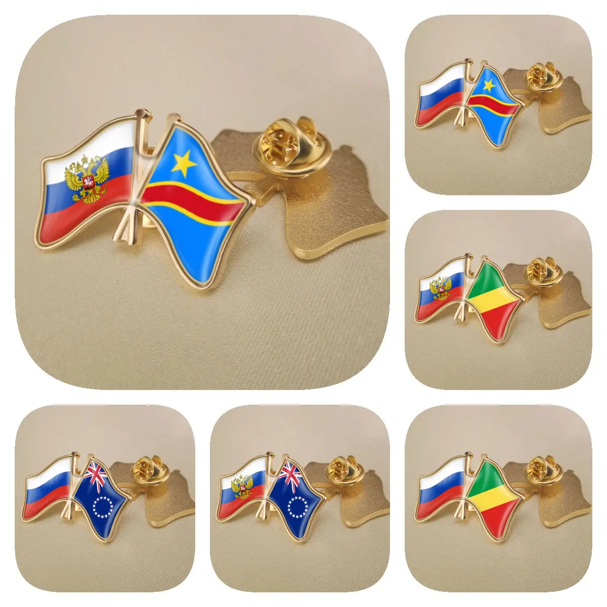 

Russian Federation and Congo Democratic Republic Cook Islands Double Crossed Friendship Flags Brooches Lapel Pins Badges