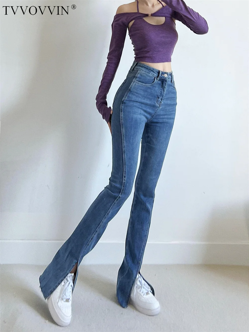 

TVVOVVIN Light Blue High Waist Denim Micro Flared Trousers For Women Basic Front Split Floor Dragging Denim Trousers YRH7