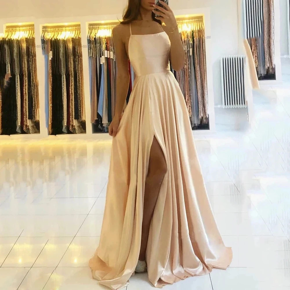 

Simple Evening Dress Prom party Robe De Soiree Longue 2022 Satin Dresses Formal Dress Spaghetti sexy slit коктейльные