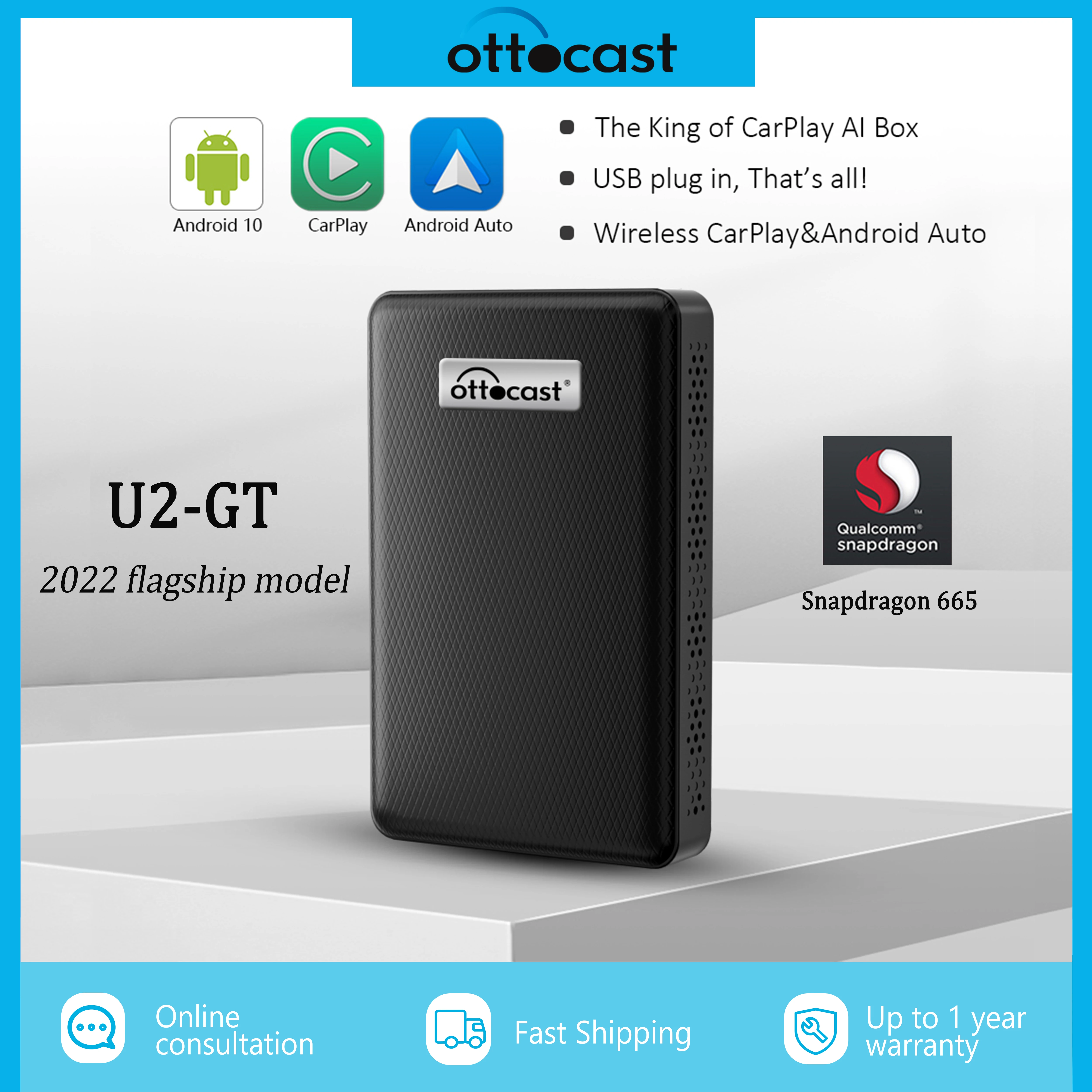 OTTOCAST U2 GT Wireless Android Auto Apple CarPlay Ai Box Snapdragon 665 Android 10 Multimedia Player for VW Toyota Hyundai Ford