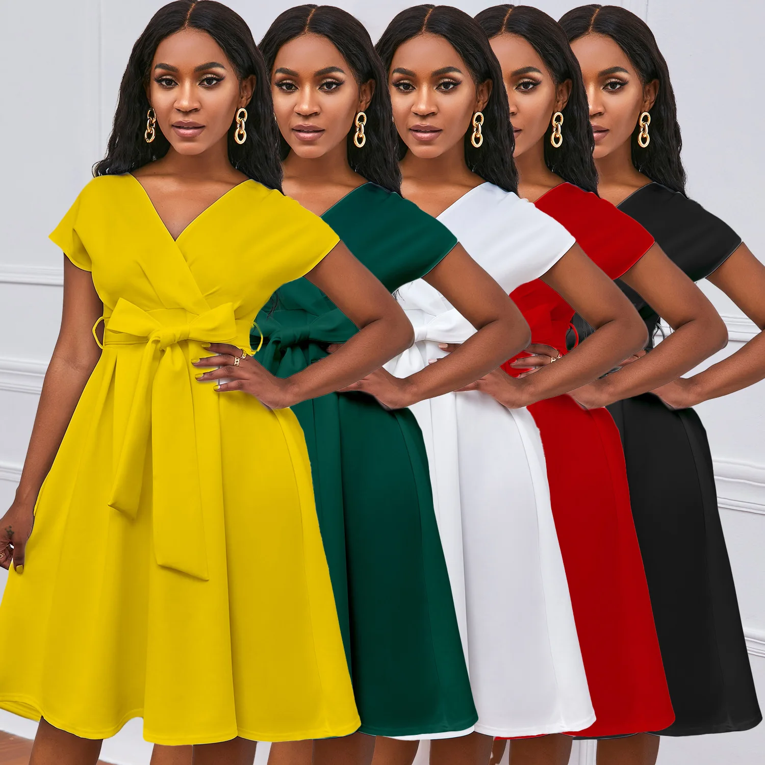 

2022 New Summer V-neck Solid Color Waist Bow Tie Belt European and American Dress Elegant Princess Dress 5 Color Party Dress