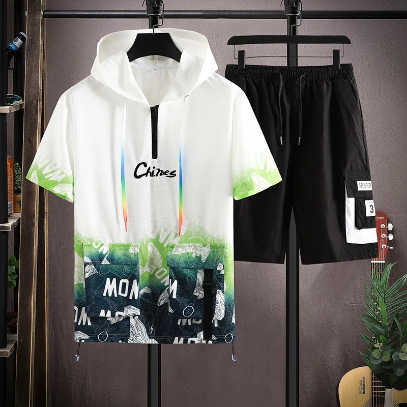 

Workwear Waffle Short Sleeve Suit for Men2022New Foreign Trade Students Korean Fashion Youth Hooded Two-Piece Set Batch