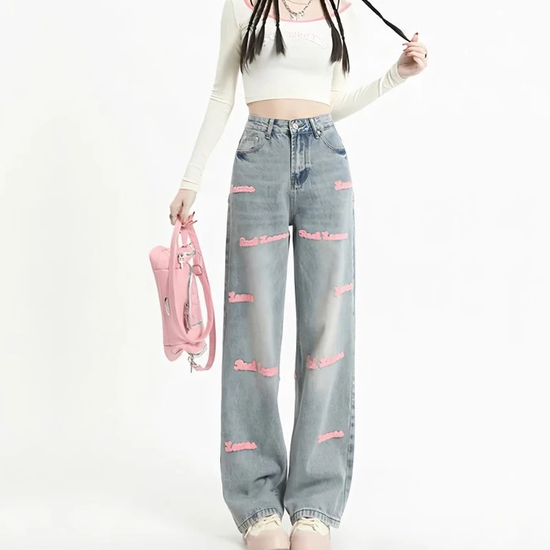 

Прямые джинсы с завышенной талией для женщин Y2k, уличная одежда, летние корейские брюки Dongdaemun 2023, Женские Мешковатые синие джинсовые брюки, винтажные