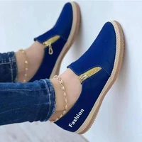 2022 women flat shoes slip on sneakers ladies casual daliy walking loafers in navy color with metal zip deco