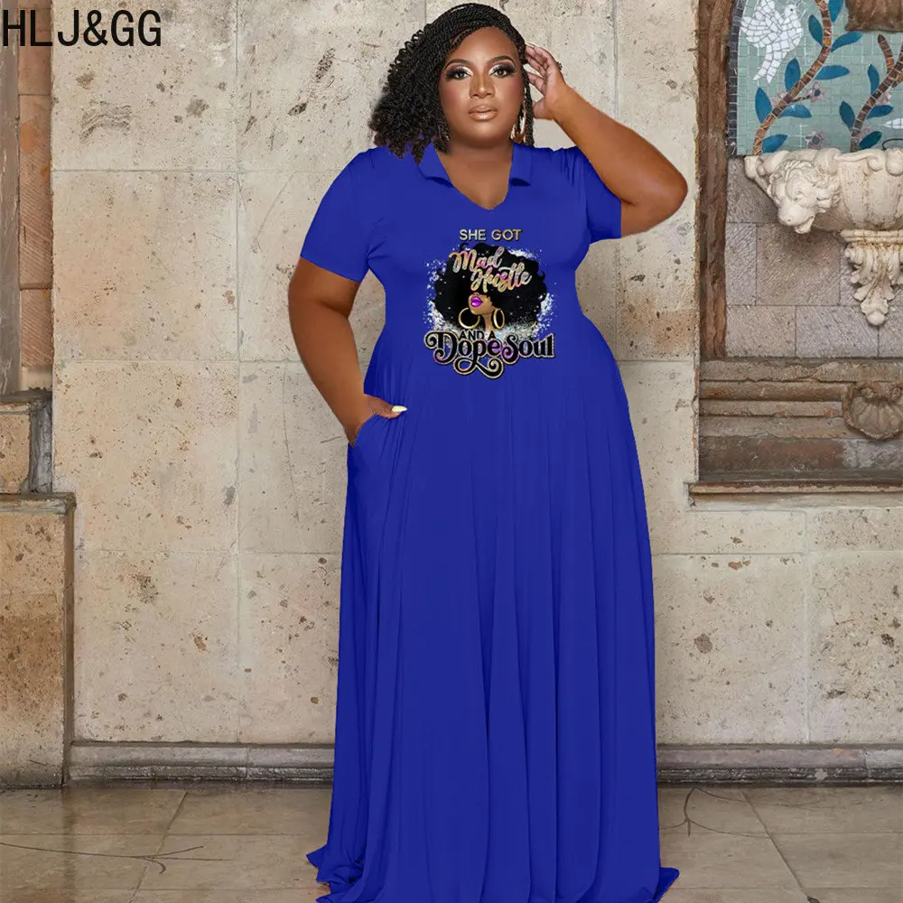 HLJ&GG Casual Plus Size Pattern Printing Floor Dresses Women Turndown Collar Short Sleeve A-line Robe Vestidos Female Dress 5XL