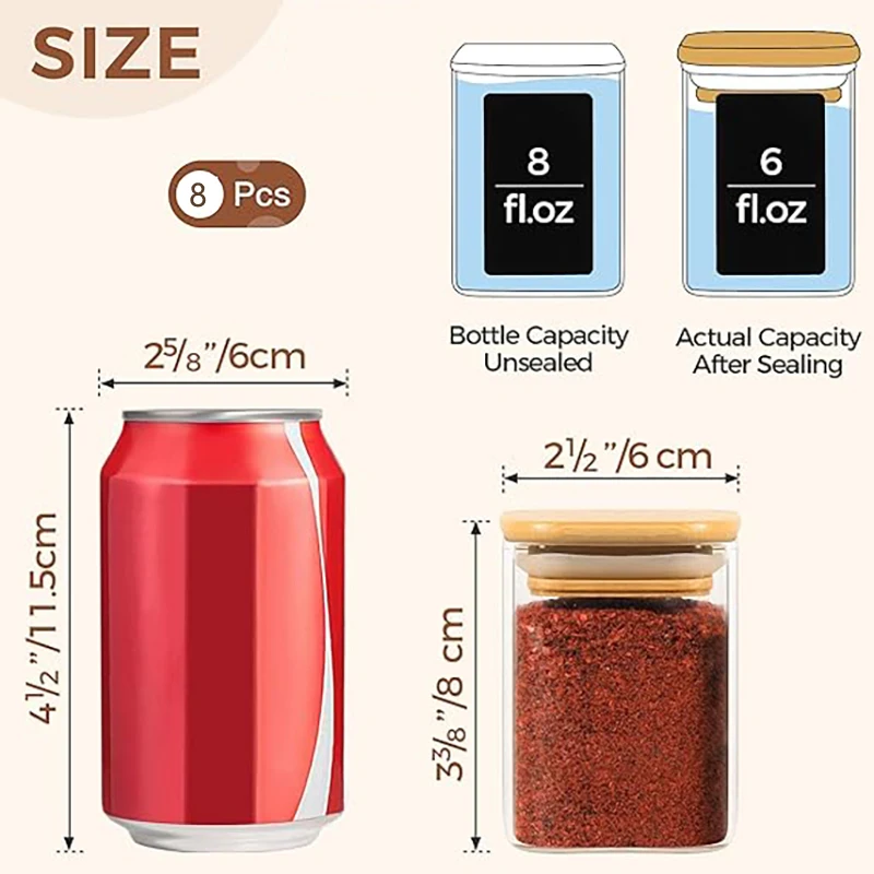 Стеклянная банка для специй из 8 предметов с бамбуковой крышкой герметичный