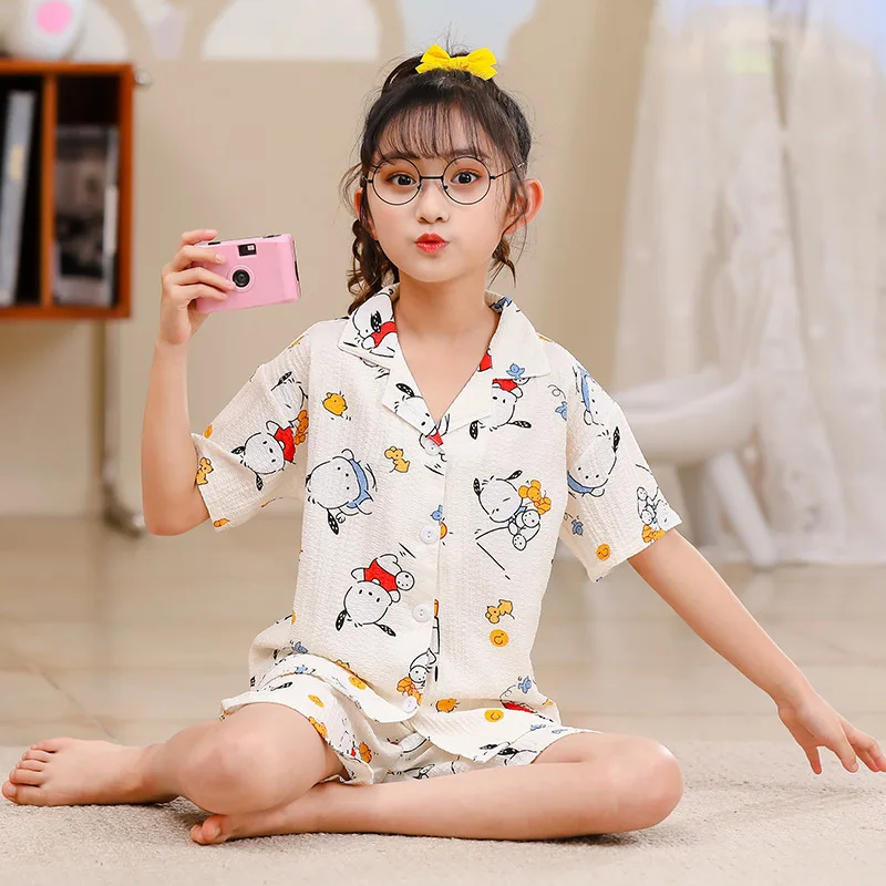 

Kawaii Sanrio Hellokittys Mymelody Kuromi Cinnamoroll Pochacco Kids Pajamas Cartoon Short Sleeve Shorts Cute Home Two Piece Set