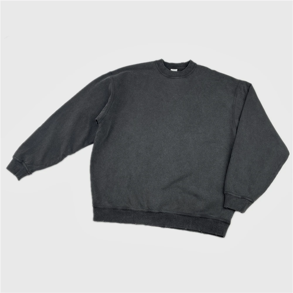 

Kanye Washed Black Terry Sweatshirt Relaxed Crewneck Raglan Pullover Men Hip Hop Streetwear
