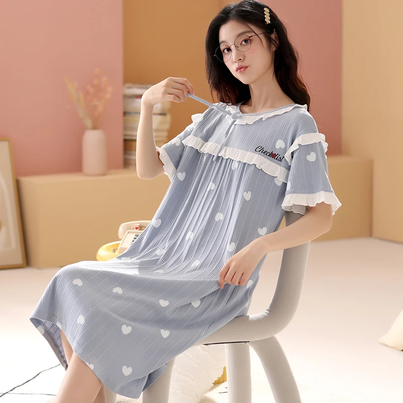 New Home Princess Style Young Girl Cotton Nightdress Knee-Length Summer Short Sleeve Women Sleepwear Dress Slash Neck Nightshirt