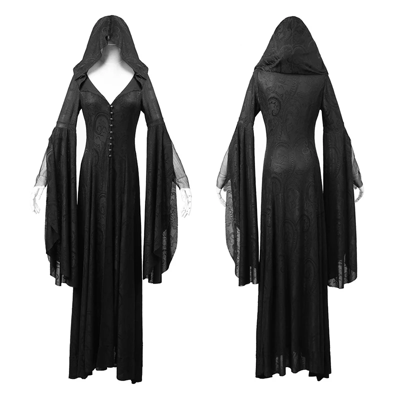 PUNK RAVE Women's Gothic Jacquard Vintage Flare Sleeve Long Dress Hooded High Priestess Halloween Party Club Black Dress