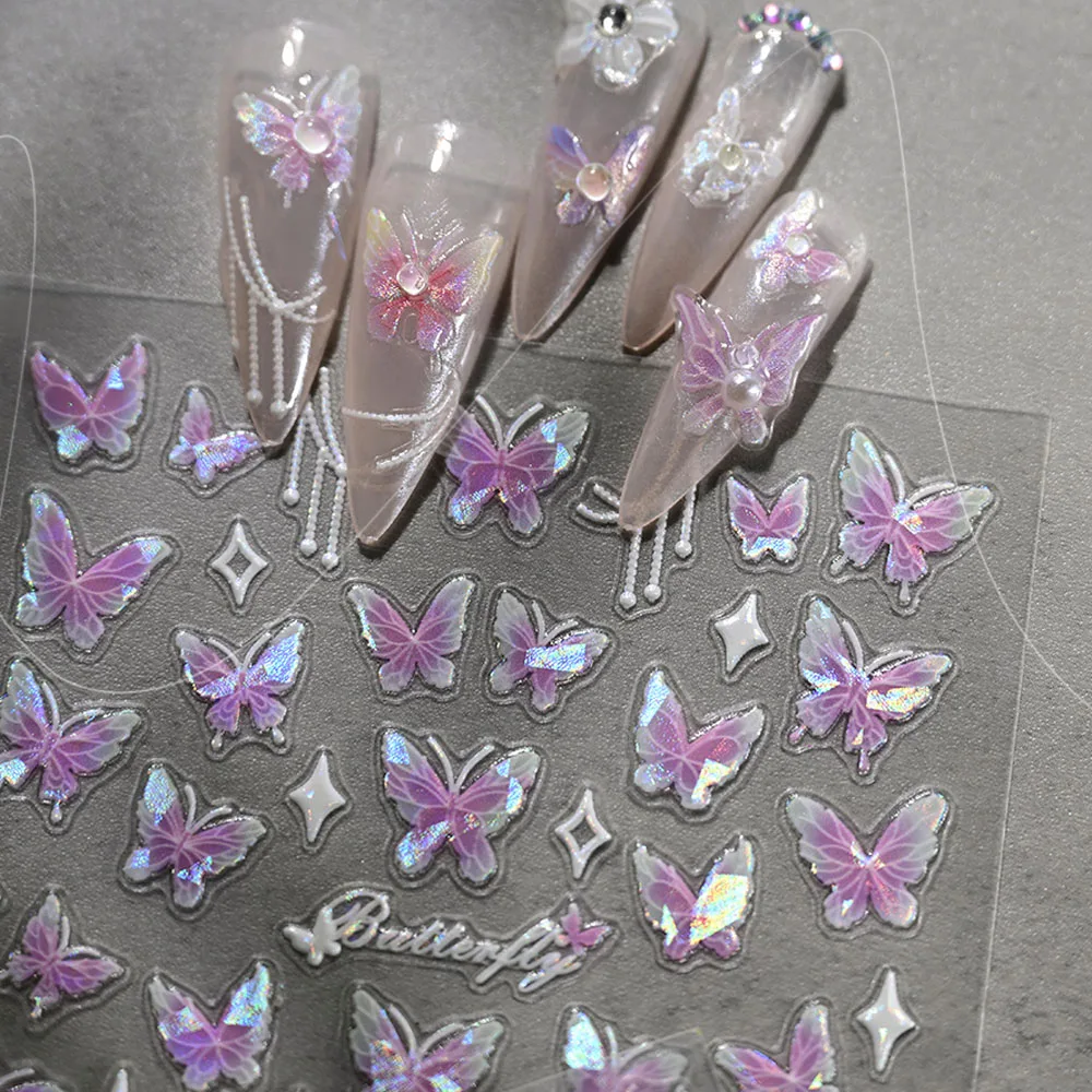 1Pcs 5D Aurora Shell Butterfly Nail Sticker Ice-Transparent Pink Purple Butterfly/Snowflake Decal DIY Xmas Slider