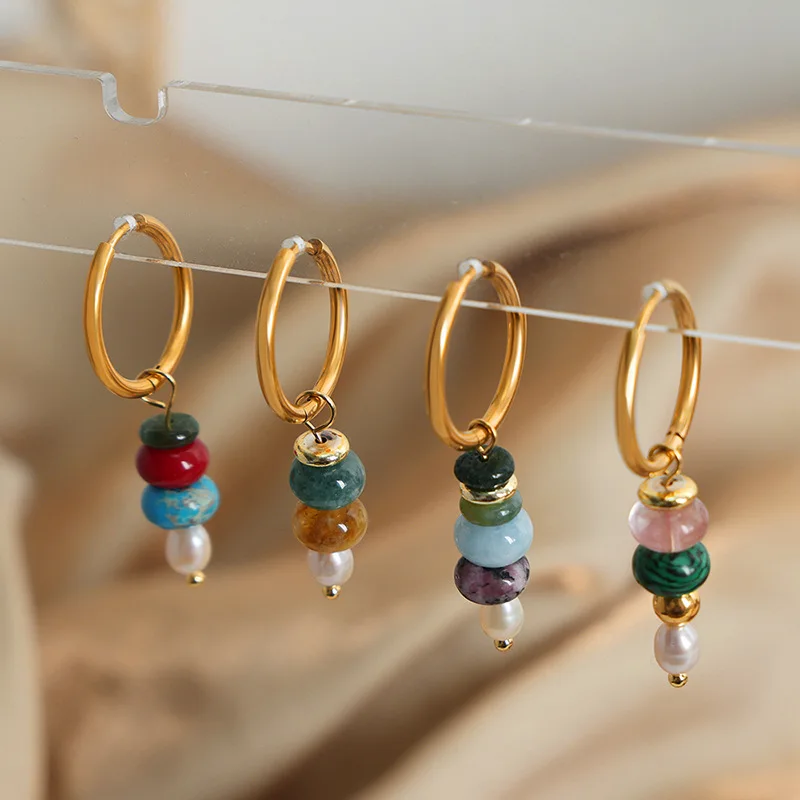 

Minar Trendy Rainbow Natural Stone Agate Freshwater Pearl Hoop Earrings for Women 18K Gold PVD Plated Stainless Steel Earring