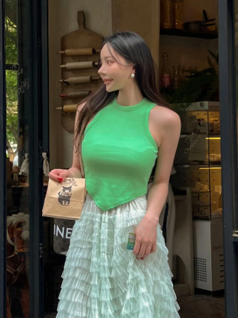 Корейская летняя версия 2024 новый жилет на бретельках с круглым вырезом для