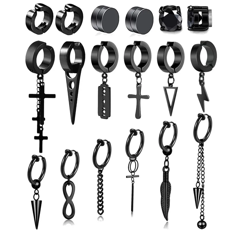 Pendientes magnéticos de acero inoxidable para hombres y mujeres, juego de pendientes de Clip sin perforaciones, estilo Kpop, negro, 18 piezas