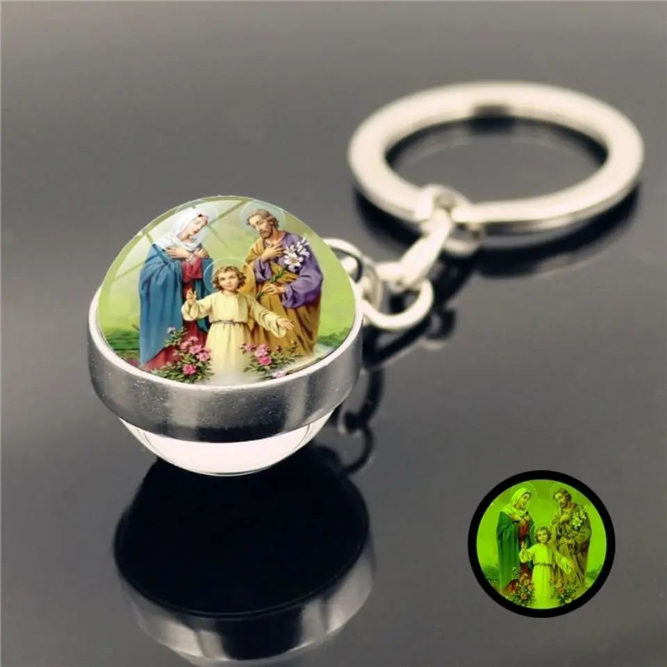 

Jesus Christ Cross Ball Pendant Keychain Mens Women Virgin Mary Christian Luminous Glass Jewelry Rosary Birthday Gifts