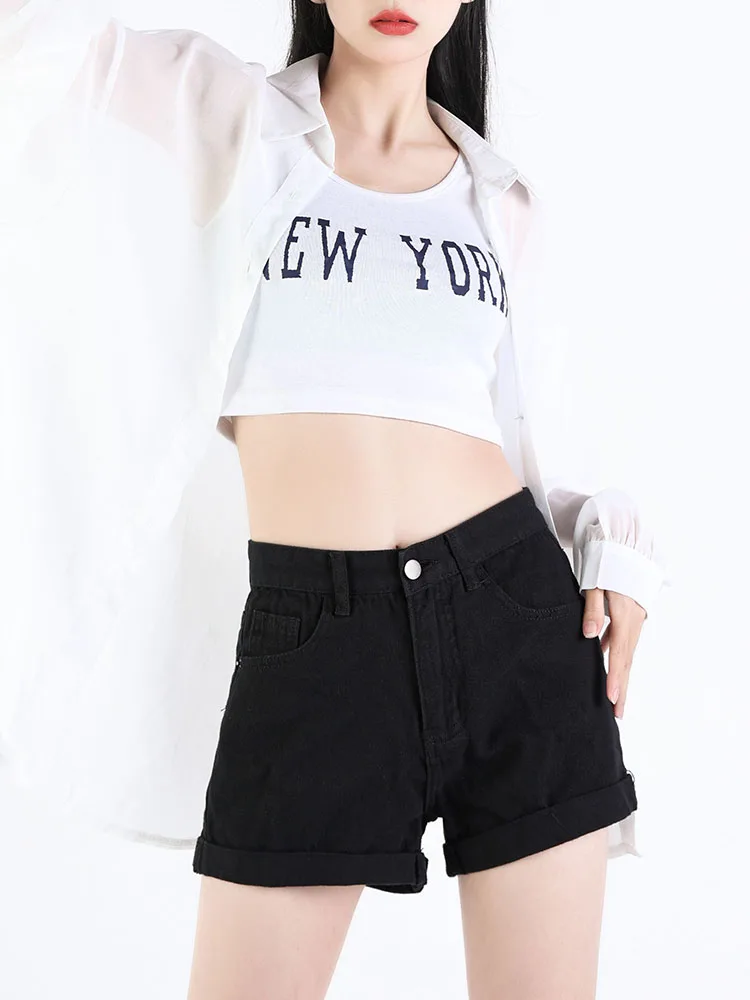 New Spring Summer Women High Waist Slim Fit Black Denim Shorts Casual Female Button Retro Jeans Shorts Bottoms
