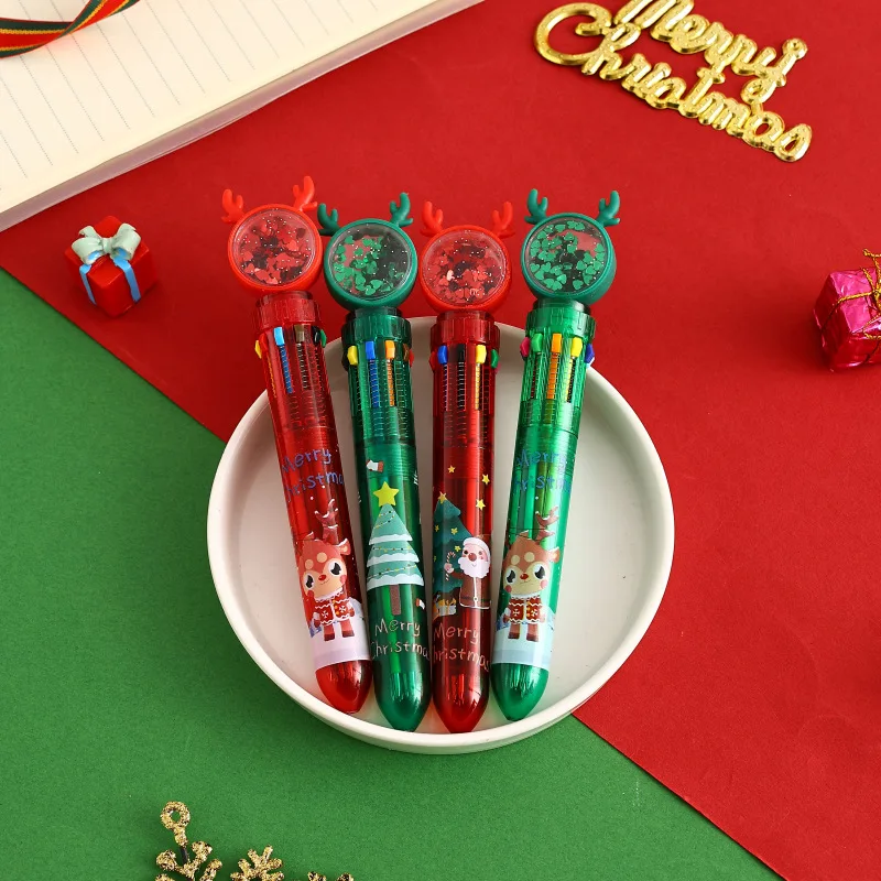 12 шт. креативные рождественские шариковые ручки с героями мультфильмов, десять цветов, шариковая ручка с блестками, олень, лось, старик, студенческие письменные принадлежности