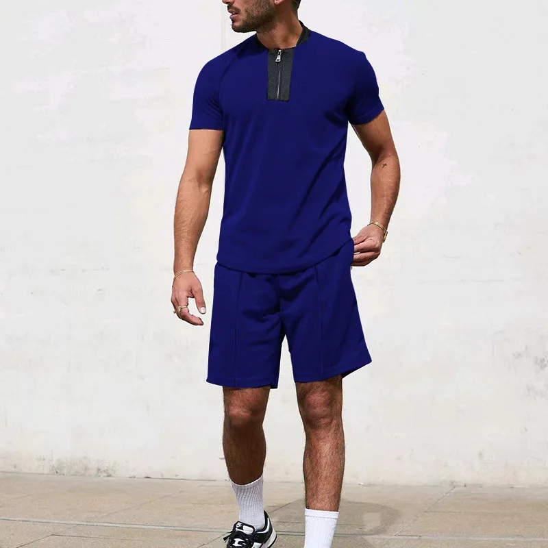 Waffle Splice Stand Neck Set Fashion Casual Half Zipper Short Sleeve Shorts Sports Set Men's 2023 New Men's Clothing Tracksuits