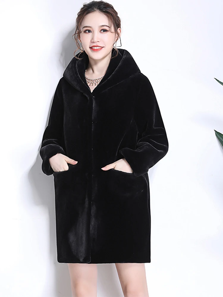 Nerazzurri Winter Women Faux Fur Coat with Hood Long Sleeve Red Black Warm Soft Plush Fluffy Jacket Casual Korean Style Fashion