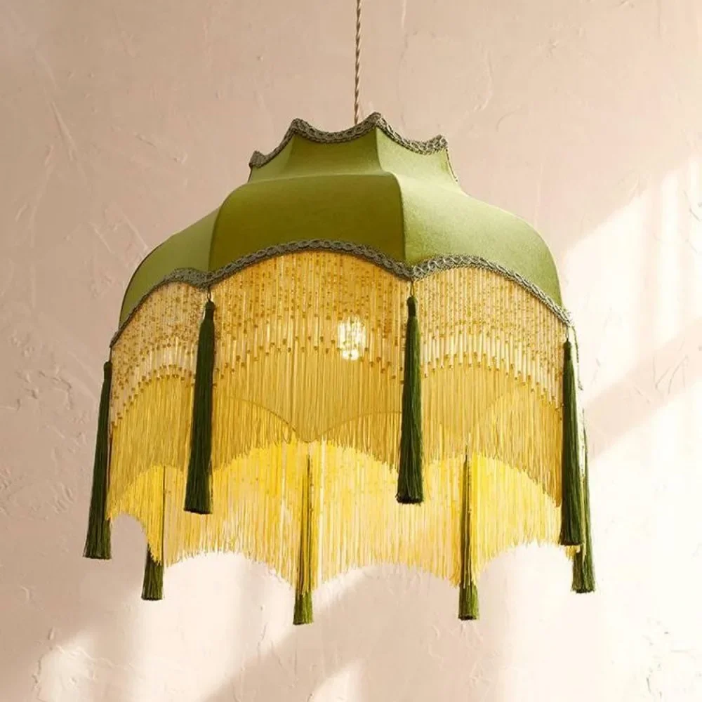 Винтажная Потолочная люстра зеленая тканевая прикроватная лампа с кисточками