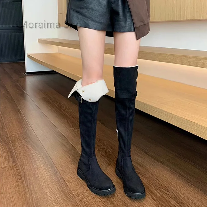 Теплые зимние сапоги с пряжкой и ремешком для женщин Замшевые Сапоги выше колена