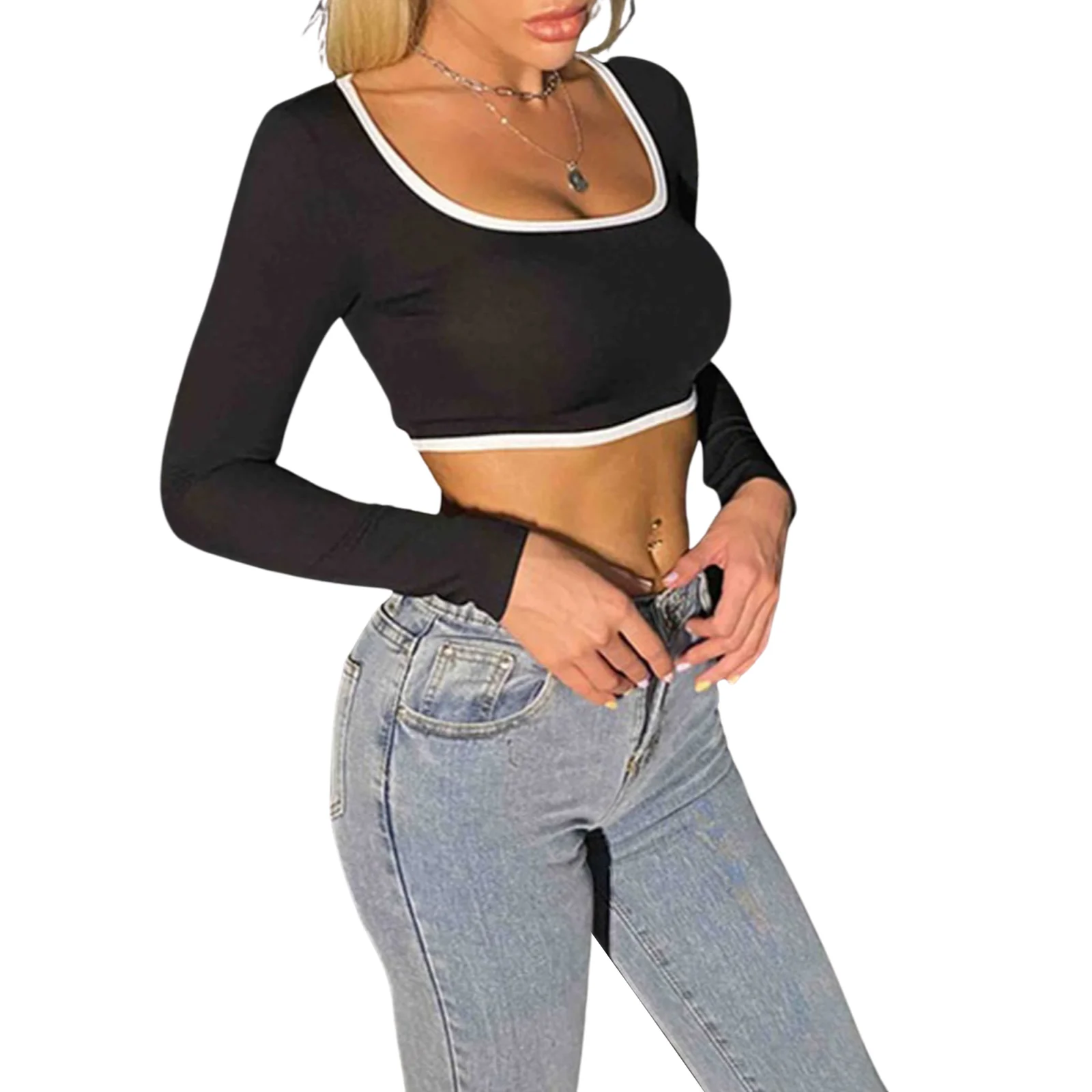 

Women Clothing Navel Long Sleeve Tops with Sexy Tight-Fitting Type Simple Colors T-shirts Spring Clothing