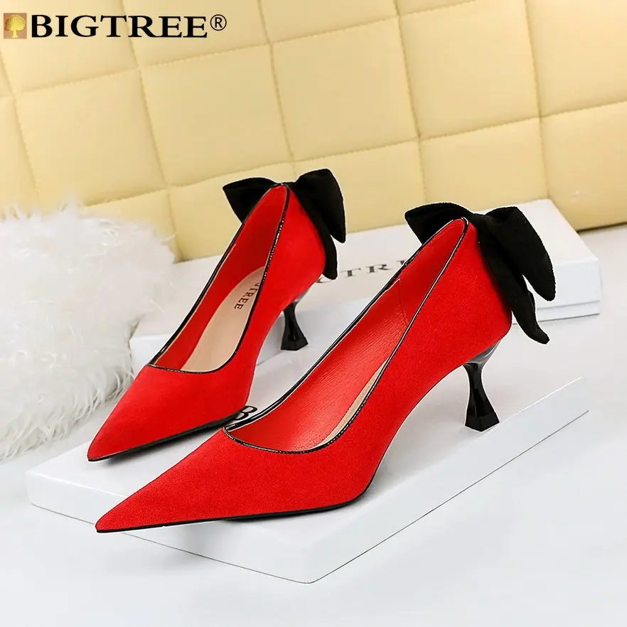 

BIGTREE High Heels Party Shoes Spring Pumps Woman Butterfly-knot Pointed Toe Flock 5.5CM Thin Heels sexy Dress Women Shoes black