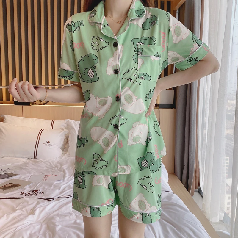 Summer Pajamas Women Short-sleeved Shorts Two-piece Milk Silk Sweet and Cute Cartoon Cardigan Lapel Home Service Sleepwear Set