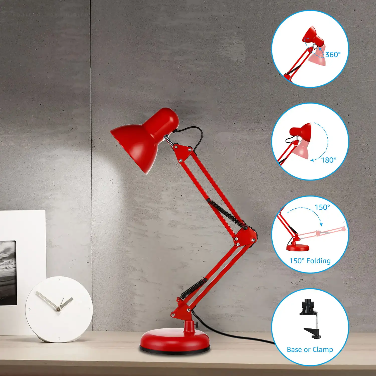 

Metal Swing Arm Desk Lamp, Interchangeable Base & Clamp for College，Red