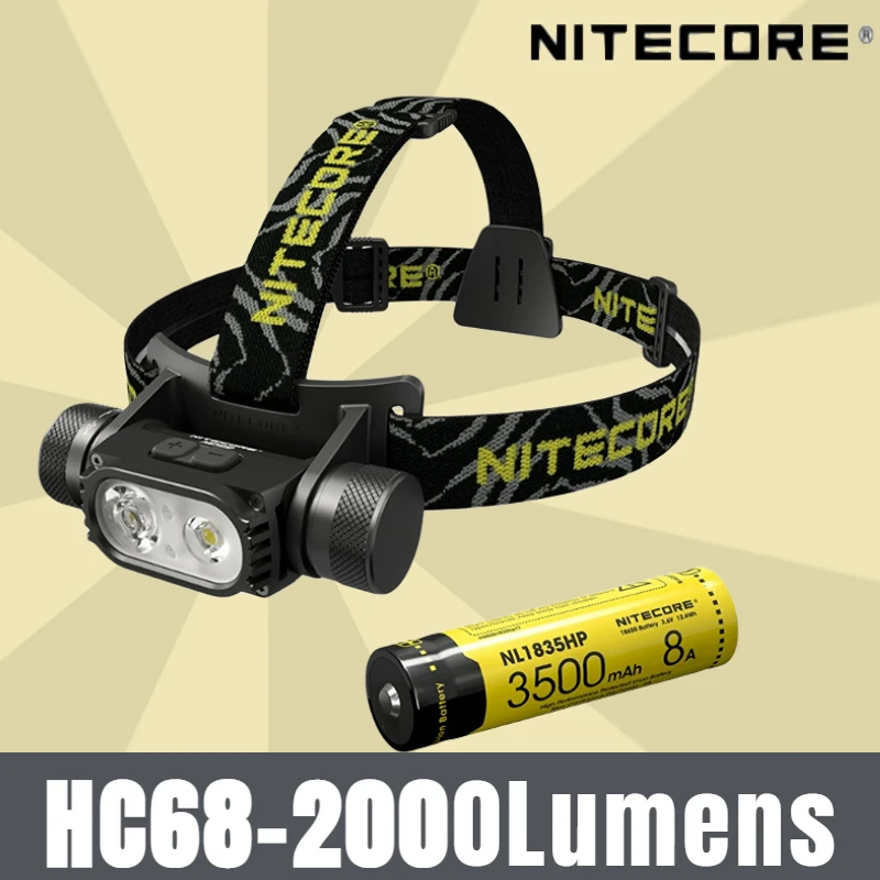 

NITECORE HC68 2000Lumens Rechargeable Dual Beam E-focus 2xLEDs Headlamp Auxiliary Red light With NL1835HP Battery