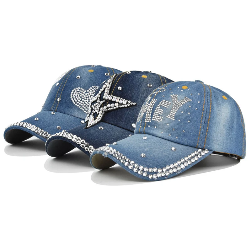 

Rhinestone Baseball Caps Men Women Sun Hat Hip-hop Hats Denim Snapback Cap Trucker Hat Gorras De Béisbol 여름모자 남성용 Dropshipping