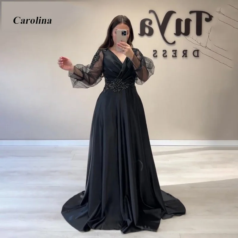 

A-Line Black Prom Gowns Satin Puffy Sleeves Occasion Dress V-Neck Beading Robe De Soirée Women Elegant Evening Party Dress