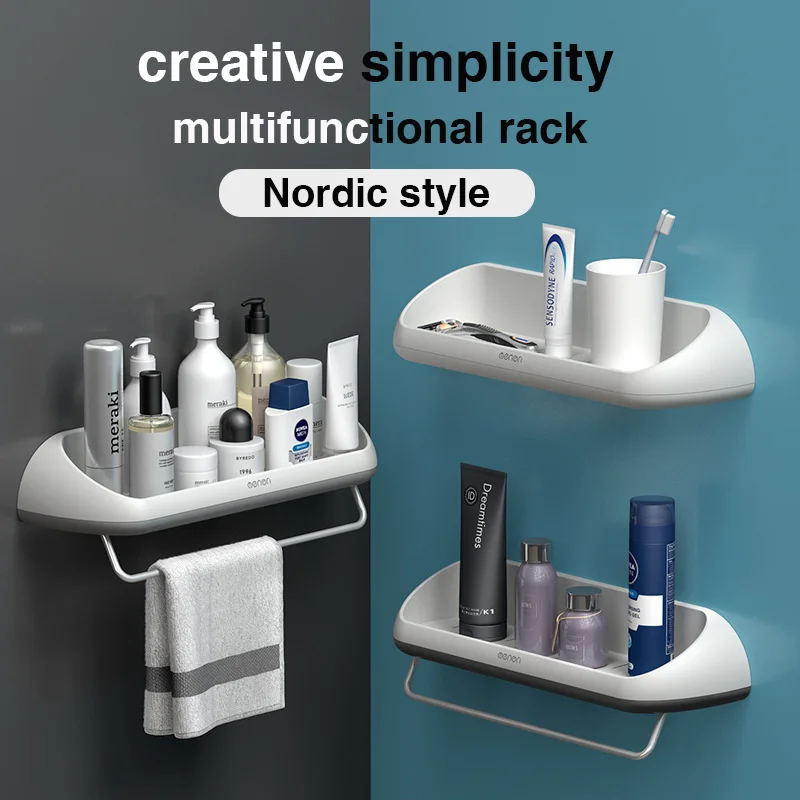 

2022 Home Punch-free Bathroom Storage Rack Shampoo Cosmetic Shower storage Wall Mounted Towel Holder Shelf Bathroom Acccessories