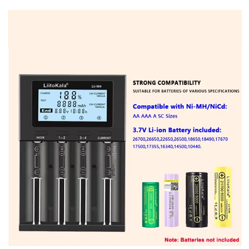 Фото Зарядное устройство LiitoKala Lii-M4S M4 для аккумуляторов 3.7V 1.2V 18650 26650 21700 14500 18350 17500 AA AAA, совместимое с различными типами батарей №3