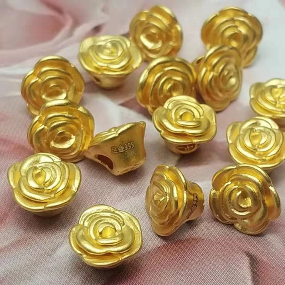 

1pcs Pure 24K 999 Yellow Gold Bead 3D DIY Bracelet Ring Bless Fu Rose Flower Pendant / 0.1-0.2g For Making DIY Bead