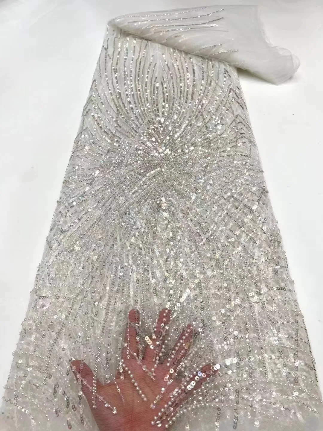 

2023 white High Quality African Beaded Sequins Lace Fabric Nigerian 3D Embroidery Mesh Lace Fabric For Sewing Accessories