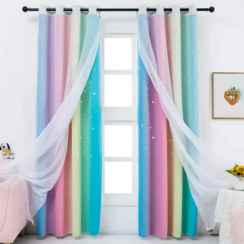 

Panels Blackout Stars Curtains for Girls Bedroom, Colorful Double Layer Rainbow Window Wall Home Decoration Curtains,52 x 63 Inc