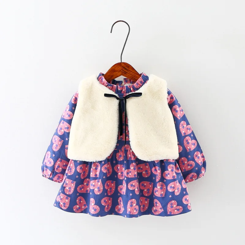 

Baby Girls Clothes Outfit Set Floral Plus Velvet Dress Fur Vest Fall Winter Wear 2Pcs Suit Girls Clothes Sets