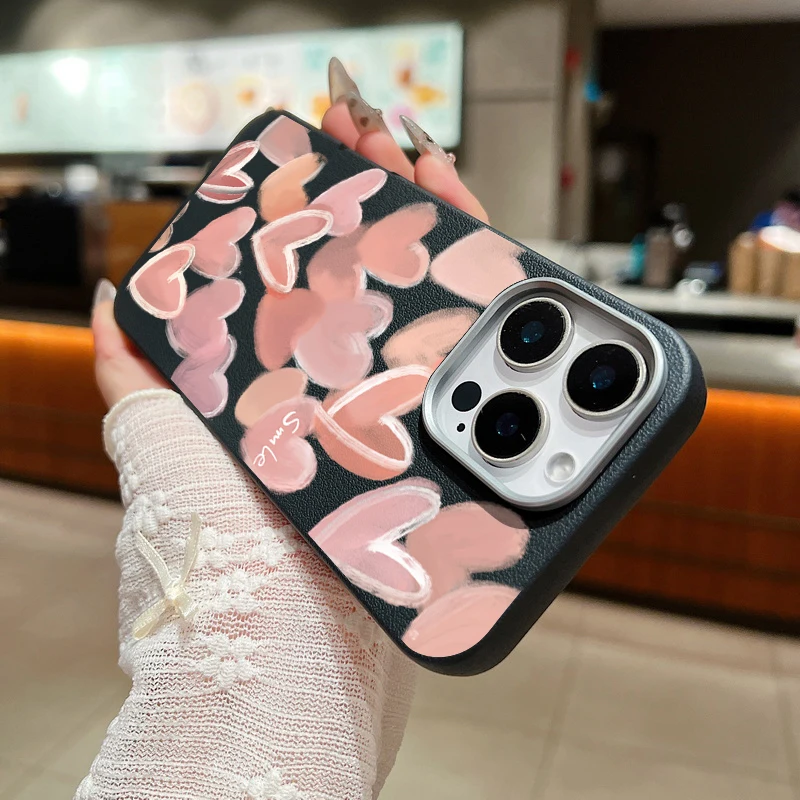 Розовый чехол Love Hearts для iPhone 16 Pro Max с роскошной кожаной текстурой мягкий