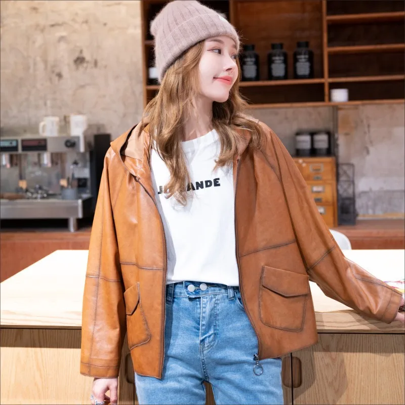 Leather Coat Women's Spring And Autumn Hooded Loose Cape Genuine Leather Coat Female Casual Sheepskin Outerwear