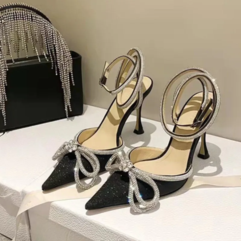 

Pointed toe ladies sandals 2024 spring and autumn new Baotou high heels fashion luxury bow rhinestone Roman sandals